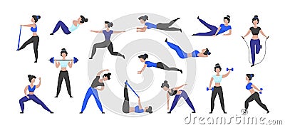 Fitness workout. Cartoon woman character doing sport exercises and training in gym, isolated female character. Vector Vector Illustration