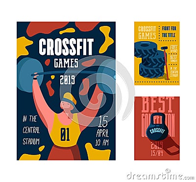 Fitness Workout Gym Poster, Placard, Invitation. Crossfit Banner, Flyer with Strong Man Character. Sport Event Design Vector Illustration