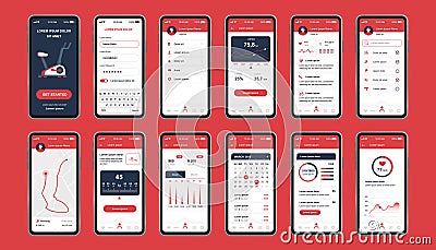 Fitness workout unique design kit for mobile app. Fitness tracker screens with running route planner, analytics and burned Vector Illustration