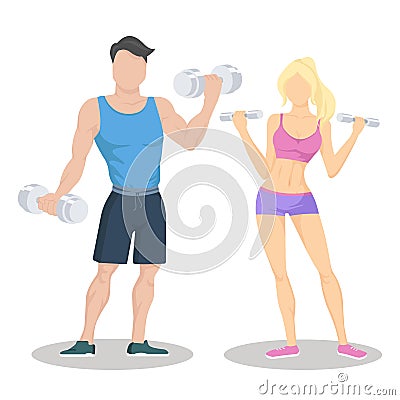 Fitness young sporty couple with dumbbells. Fit couple. Workout partners. Vector Illustration