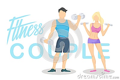 Fitness young sporty couple with dumbbells. Workout partners. Vector Illustration