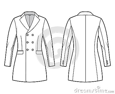 Fitted jacket double breasted suit technical fashion illustration with long sleeves, notched collar, fingertip length Vector Illustration