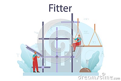 Fitter or installer. Industrial builder at the construction site. Vector Illustration