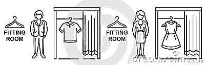 Fitting changing room, man, woman public dressing cabin, try clothing in fashion store line icon. Sale, buy clothes in shop vector Vector Illustration