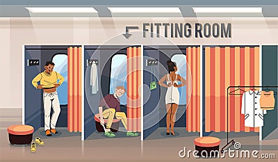 Fitting room people. Men and woman in clothing store dressing, curtains closed booths with mirrors, fashionistas on Vector Illustration