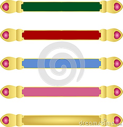 Five abstract blue red pink green colour banners with Golden metallic border and matching colour gemstone crystals Cartoon Illustration