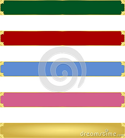 Five abstract blue red pink green colour banners with Golden metallic border and matching colour gemstone crystals Cartoon Illustration