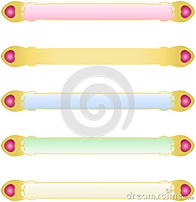 Five abstract blue red pink green colour banners with Golden metallic border and pink gemstone crystal hearts vector Vector Illustration