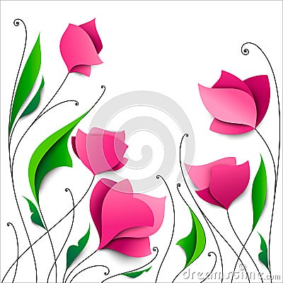 Five abstract pink paper flowers. Elegant floral background. Greeting cards Vector Illustration