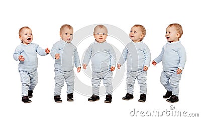 Five adorable babies learning to walk Stock Photo