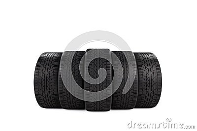 Five automobile black rubber tires isolated on white background Stock Photo