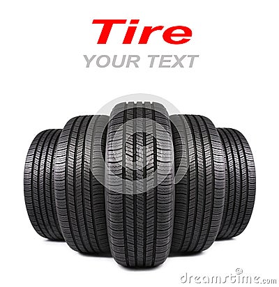 Five automobile black rubber tires isolated on white Stock Photo