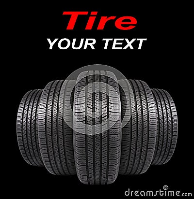 Five automobile rubber tires on black Stock Photo