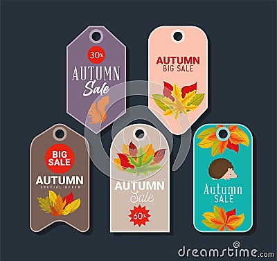 five autumn sale tags Vector Illustration