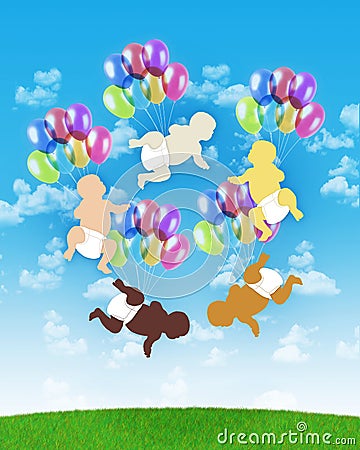 Five babies of different human races flying on colorful balloons Stock Photo