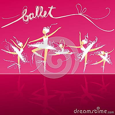 Five ballet dancers on stage Vector Illustration