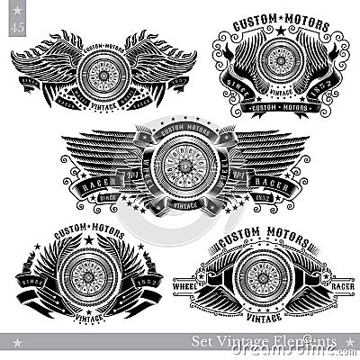 Five banners with motorbike wheel in side view with wings, stars and ribbon. Vintage motorcycle design Vector Illustration