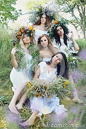 Five beautiful girls in wreaths Stock Photo