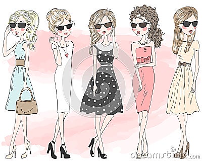 Five beautiful stylish cute cartoon fashion girls. Vector Illustration