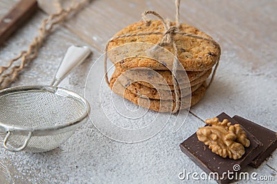 Five biscuits with wallnuts and chocolate chips Stock Photo