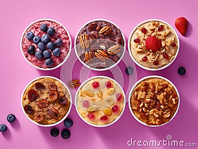 Five bowls of oatmeal with berries and nuts on a pink background Stock Photo