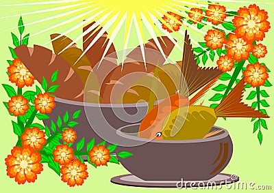 Five breads and two fishes Vector Illustration