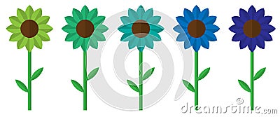 Five bright colourful flowers, sunflowers, isolated, vector illustration Vector Illustration