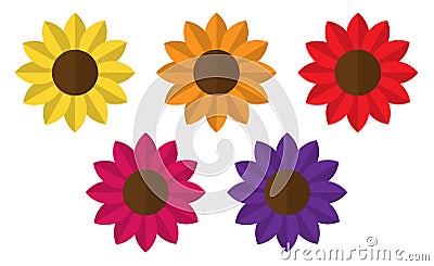 Five bright colourful flowers, sunflowers, isolated, vector illustration Vector Illustration