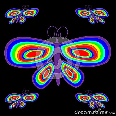 Five bright rainbow butterflies fly rapidly in the night sky. Vector Illustration