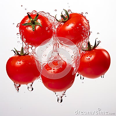 Five bright and ripe colored tomatoes with water dripping around them on a white background Cartoon Illustration