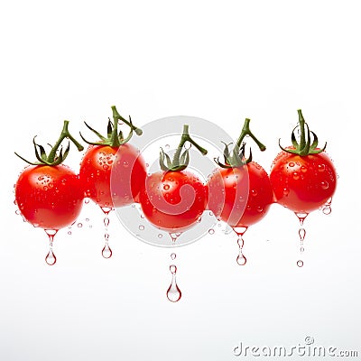 Five bright and ripe colored tomatoes with water dripping around them on a white background Cartoon Illustration