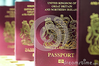 Five British United Kingdom European Union Biometric passports s Stock Photo