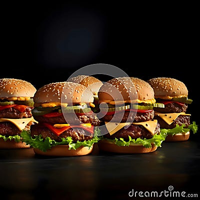 Five burgers, cheeseburgers, chicken burgers, burgers with lettuce, cheese, bacon, pickle, tomato, sauce, onions. Dark background Vector Illustration