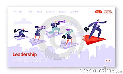 . Five business people flying on paper planes. Concept of landing page Vector Illustration