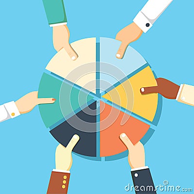 Five Businessmen Hands picking pie chart parts. Vector Illustration