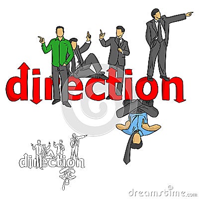 Five businessmen pointing on the red word direction vector illus Vector Illustration