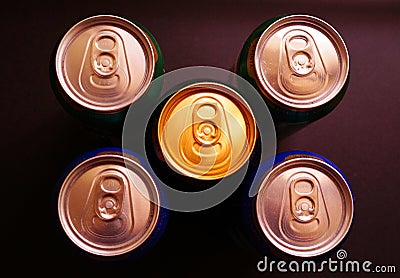 Five cans of beer on black background Stock Photo