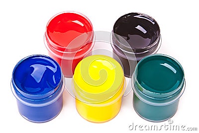 Five cans with bright acrylic paints Stock Photo