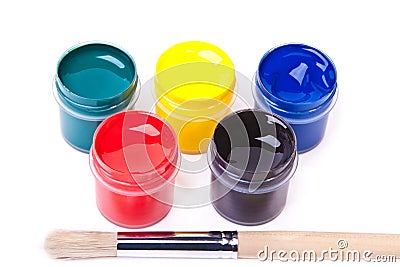 Five cans with bright acrylic paints Stock Photo