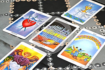 Tarot Cards Five card Spread Ten of Swords Stock Photo