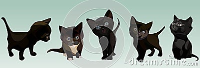 Five cartoon cute black kitten in different poses Vector Illustration