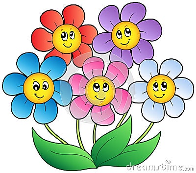 Five cartoon flowers Vector Illustration