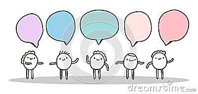 Five cartoon man talking speech bubbles pastel colors hand drawn vector illustration Cartoon Illustration