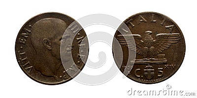 Five 5 cents Lire Copper Coin 1936 Empire Vittorio Emanuele III Kingdom of Italy Stock Photo