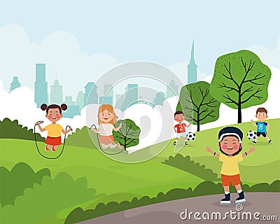 five children practicing activities Vector Illustration