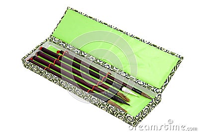 Five Chinese Calligraphy Brushes in Ornamental Box Stock Photo