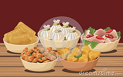 five chinese food in table Vector Illustration