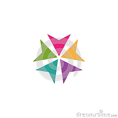 Five colorful arrows point to the center. Collide, ingoing, incoming arrows icon Vector Illustration