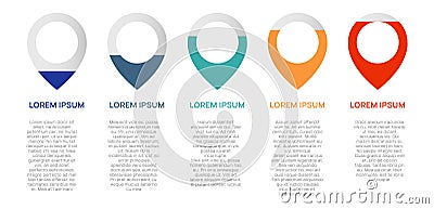 Five colorful location pin markers with sample text below, useful for infographics or website design, showing different Vector Illustration