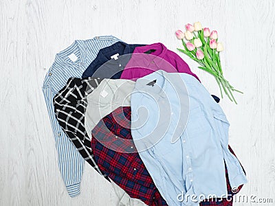 Five colorful shirts, assortment. Fashion Concept Stock Photo